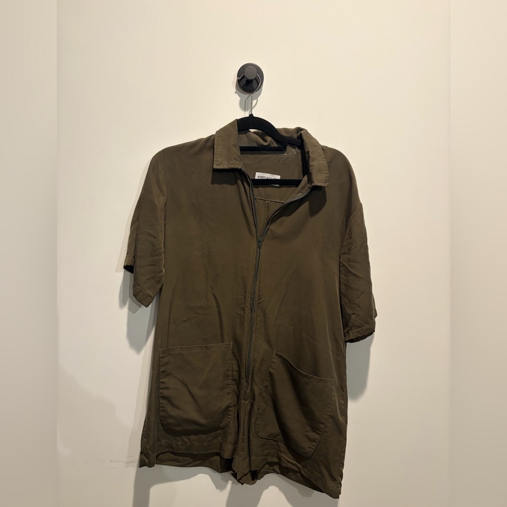 River Utility Short-Sleeve Zip Romper in‎ Olive